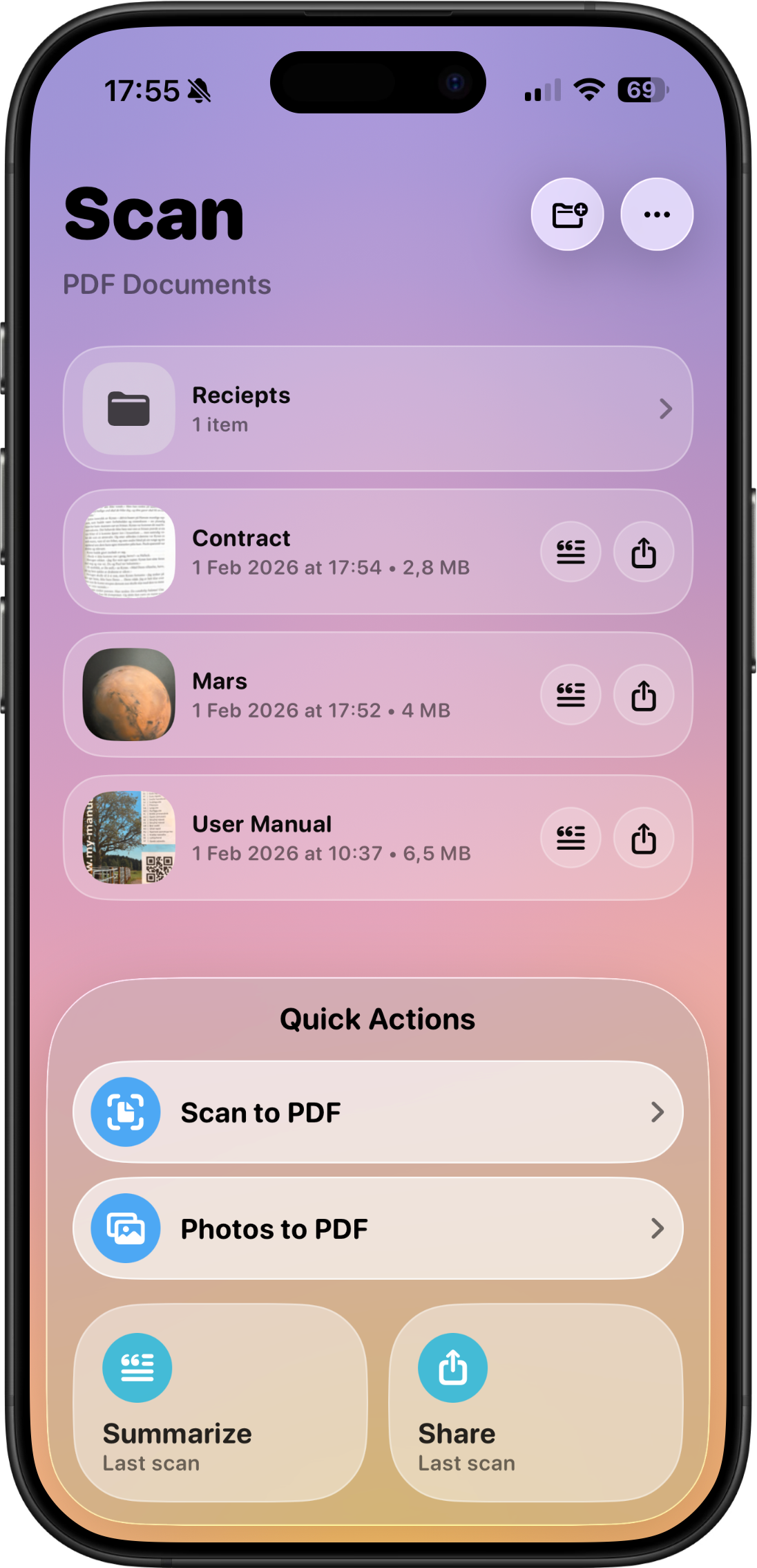 The Scan tab on iPhone: a PDF library with a Receipts folder and documents named Contract, Mars and User Manual, above Quick Actions for Scan to PDF, Photos to PDF, Summarize and Share