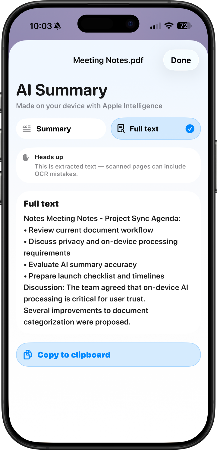 The PDF Scan & Summarize app on iPhone showing the Scan library (Summarize screenshot coming)
