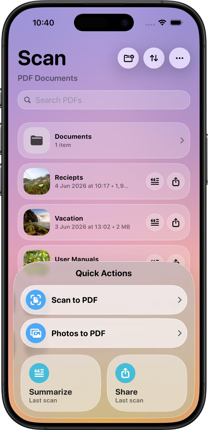 The PDF Scan & Summarize app on iPhone showing the Scan library (Organize screenshot coming)